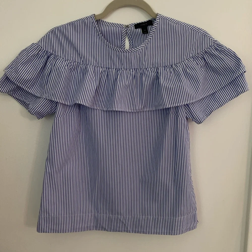 J. Crew Blue and White Striped Ruffle-Trim Blouse